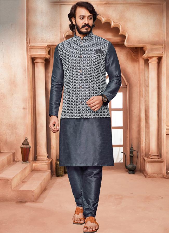 Grey Art Silk Traditional Wear Lucknowi Work Modi Jacket Kurta Pajama