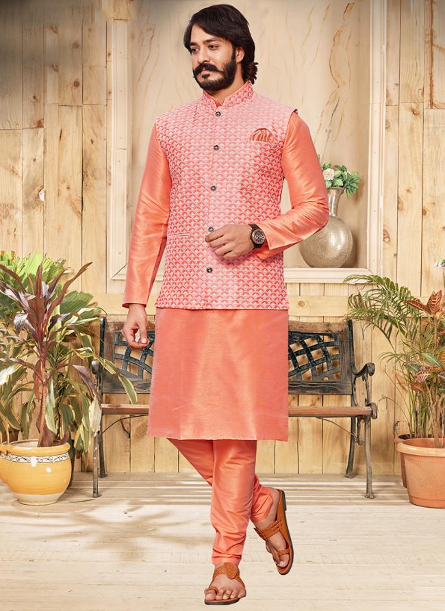 Peach Art Silk Traditional Wear Lucknowi Work Modi Jacket Kurta Pajama