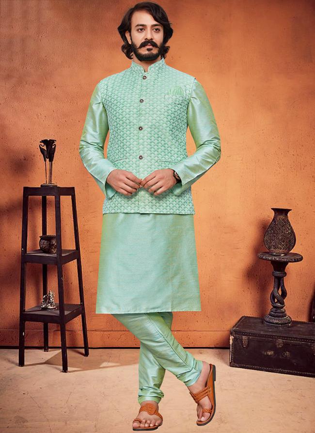 Pista Green Art Silk Traditional Wear Lucknowi Work Modi Jacket Kurta Pajama