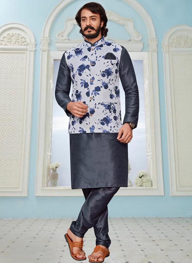 Grey Art Silk Traditional Wear Printed Modi Jacket Kurta Pajama