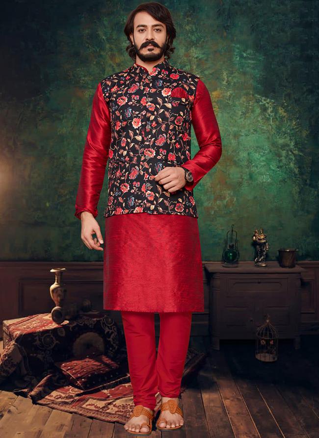 Red Art Silk Traditional Wear Printed Modi Jacket Kurta Pajama