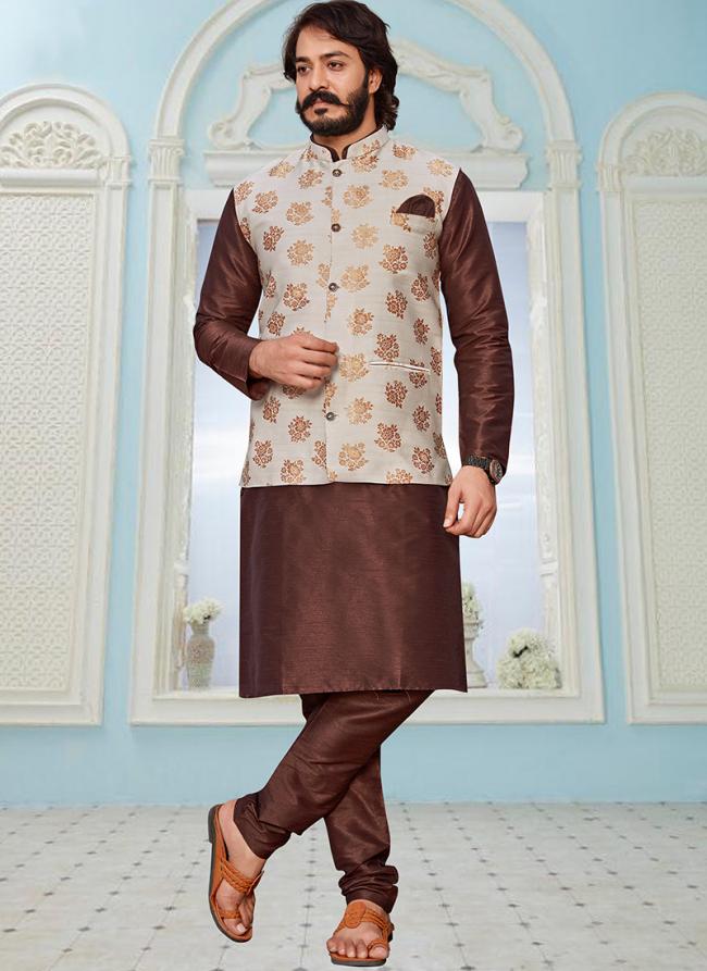 Cream Art Silk Traditional Wear Digital Printed Modi Jacket Kurta Pajama