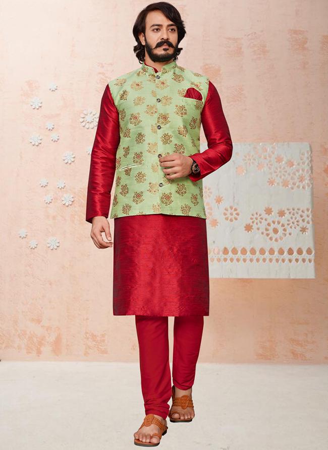 Light Green Art Silk Traditional Wear Digital Printed Modi Jacket Kurta Pajama