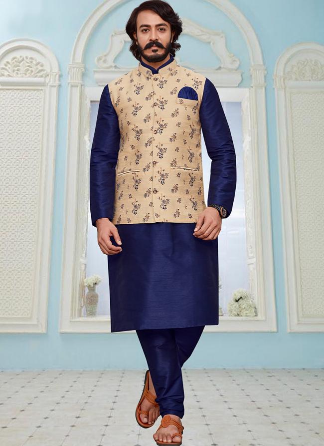 Navy Blue Art Silk Traditional Wear Digital Printed Modi Jacket Kurta Pajama