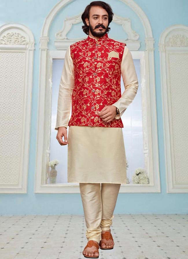 Red Art Silk Traditional Wear Digital Printed Modi Jacket Kurta Pajama