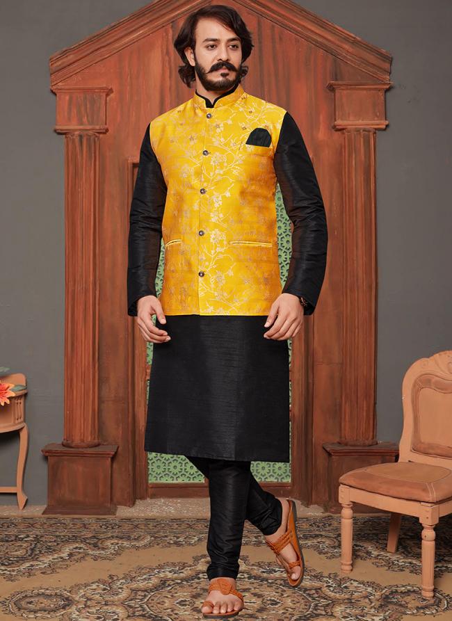 Yellow Art Silk Traditional Wear Digital Printed Modi Jacket Kurta Pajama