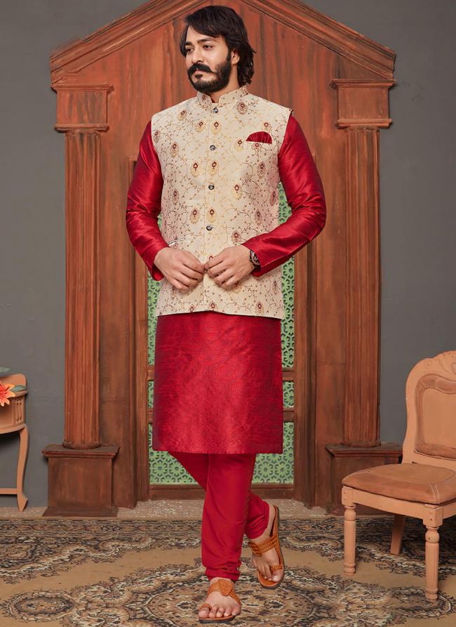Cream Fancy Silk Festival Wear Embroidery Work Modi Jacket Kurta Pajama