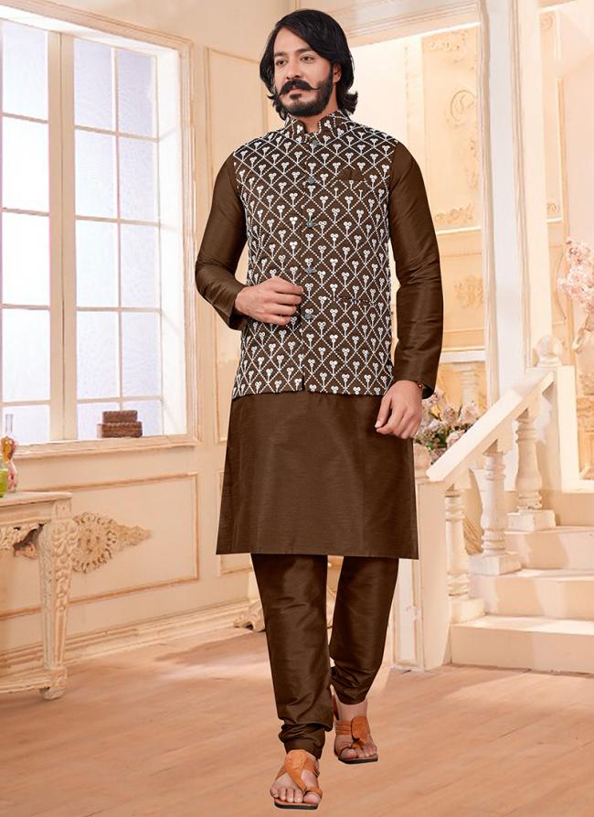 Brown Art Silk Festival Wear Mirror Work Modi Jacket Kurta Pajama