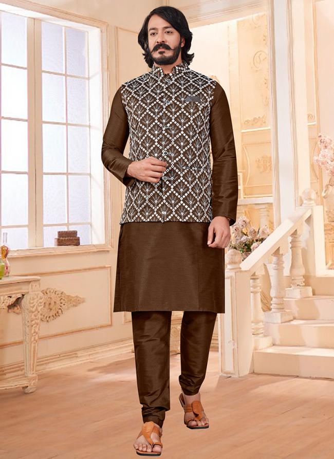 Brown Pure Silk Traditional Wear Mirror Work Modi Jacket Kurta Pajama