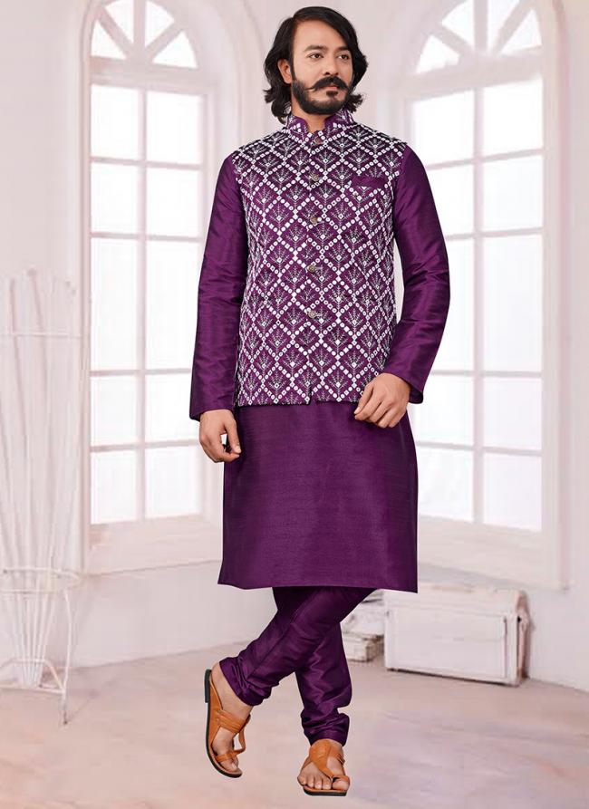 Magenta Pure Silk Traditional Wear Mirror Work Modi Jacket Kurta Pajama