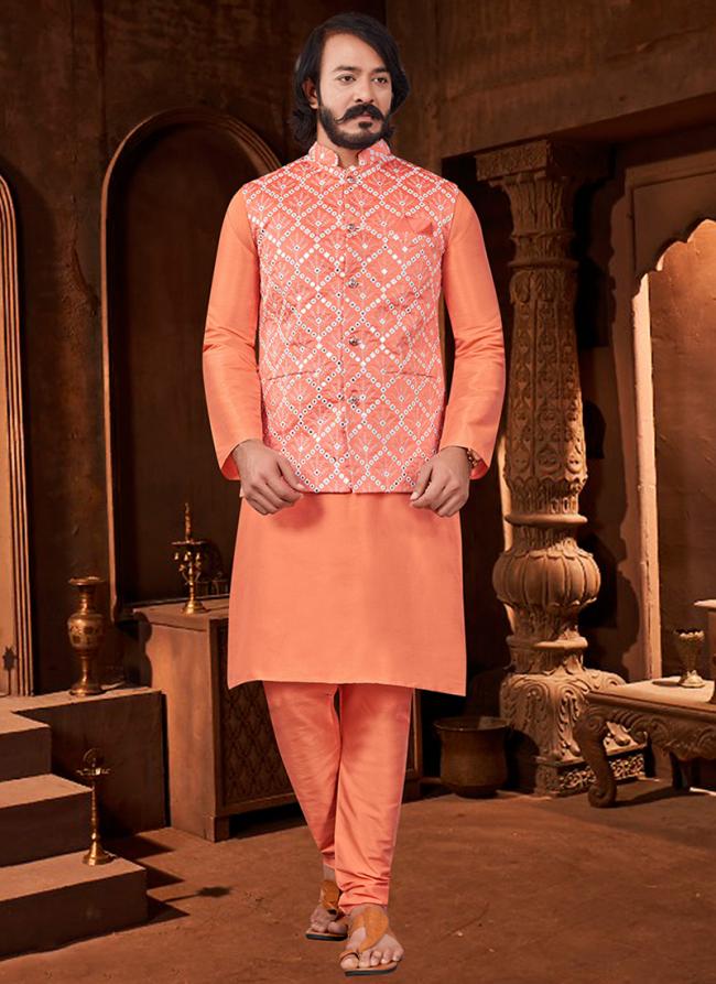 Orange Pure Silk Traditional Wear Mirror Work Modi Jacket Kurta Pajama