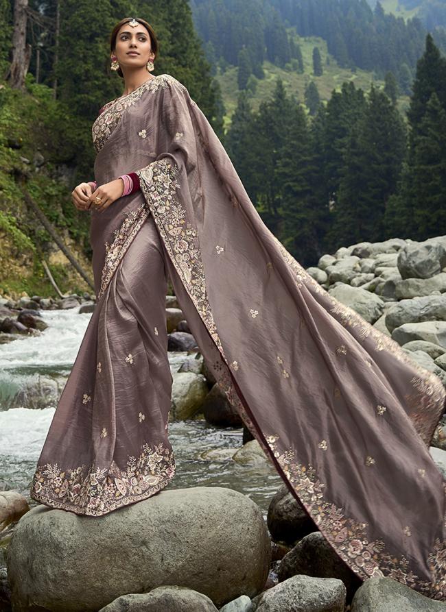 Brown Fancy Silk Wedding Wear Embroidery Work Saree