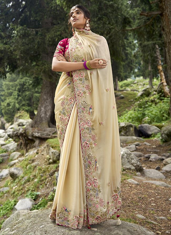 Cream Fancy Silk Wedding Wear Embroidery Work Saree