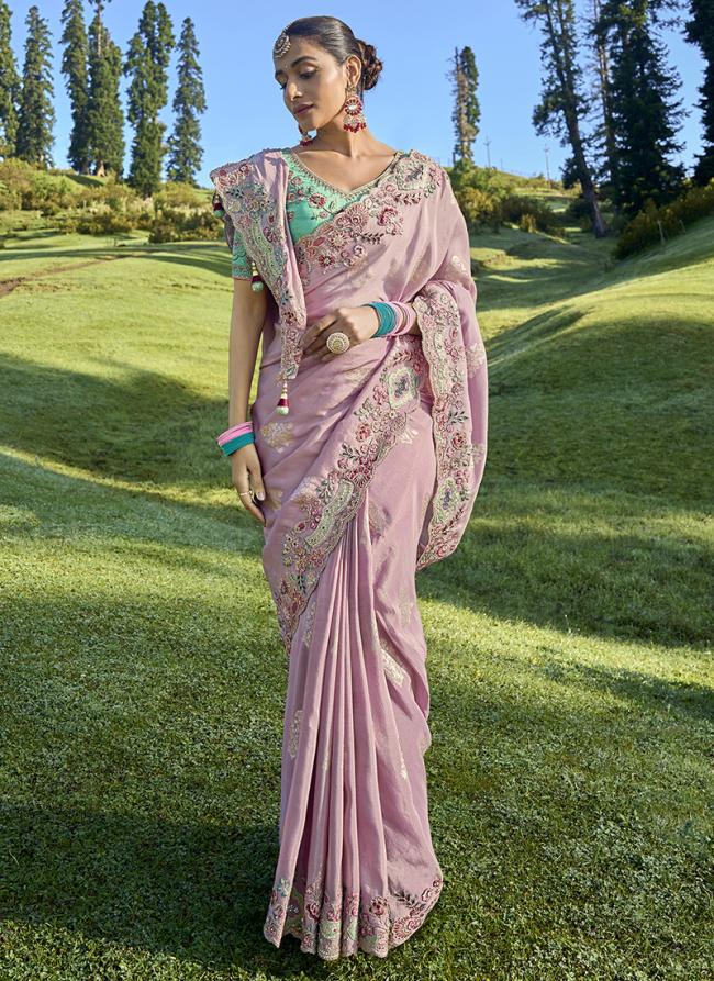 Lilac Fancy Silk Wedding Wear Embroidery Work Saree