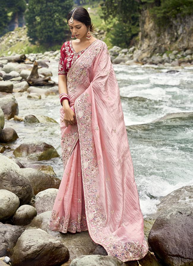 Peach Fancy Silk Wedding Wear Embroidery Work Saree