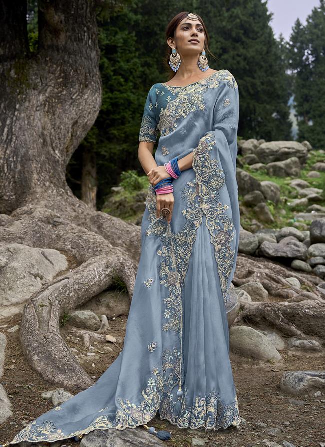 Sky Blue Fancy Silk Wedding Wear Embroidery Work Saree