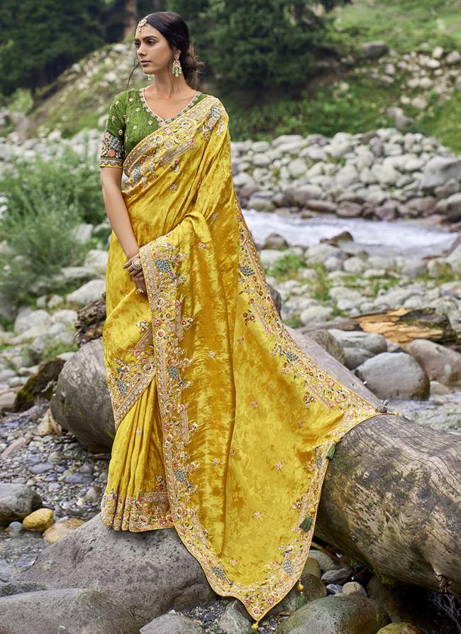 Yellow Fancy Silk Wedding Wear Embroidery Work Saree