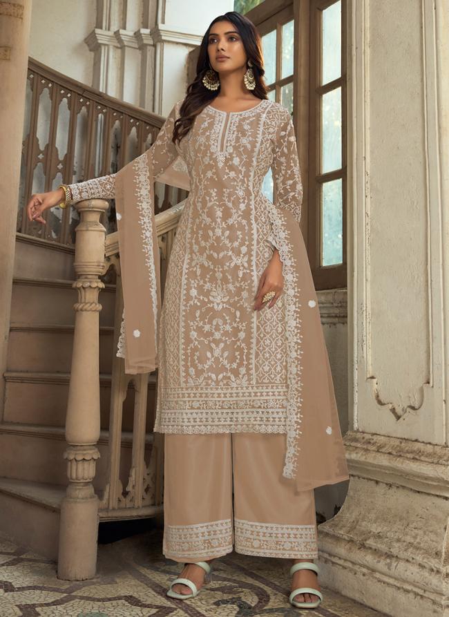 Beige Net Eid Wear Embroidery Work Palazzo Suit