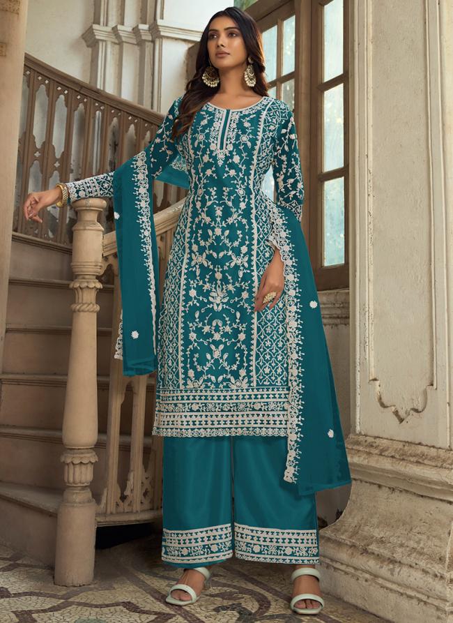 Firozi Net Eid Wear Embroidery Work Palazzo Suit