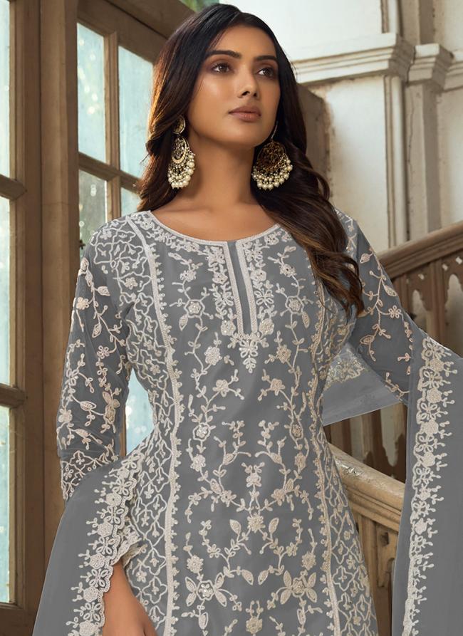 Grey Net Eid Wear Embroidery Work Palazzo Suit