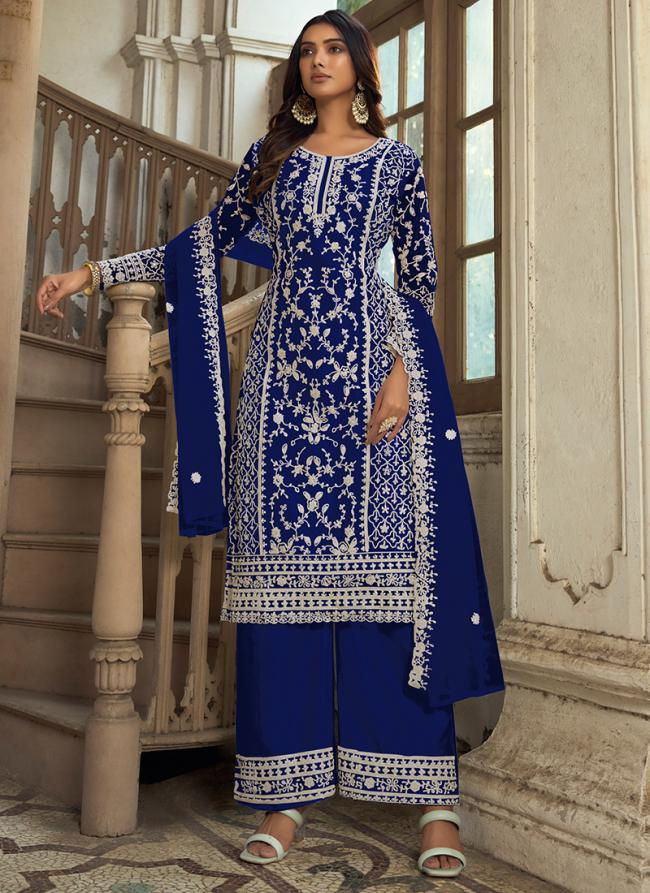 Navy Blue Net Eid Wear Embroidery Work Palazzo Suit