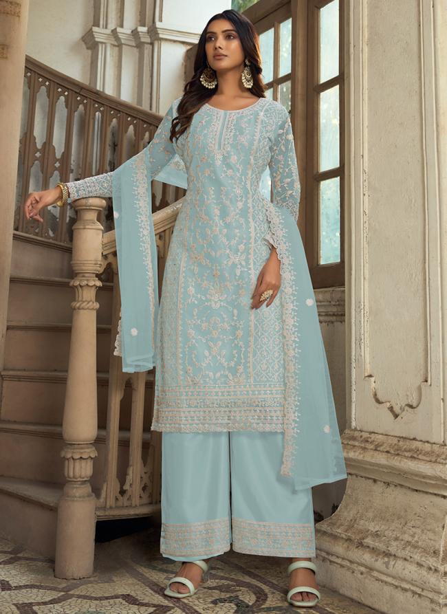 Sky Blue Net Eid Wear Embroidery Work Palazzo Suit