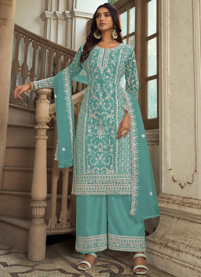 Teal Net Eid Wear Embroidery Work Palazzo Suit