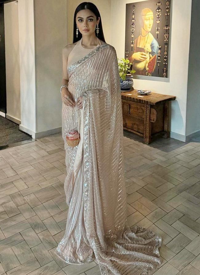 Peach Georgette Party Wear Sequins Work Saree