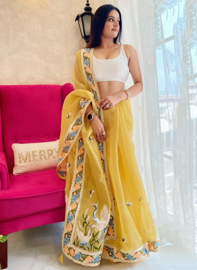 Yellow Silk Festival Wear Embroidery Work Saree