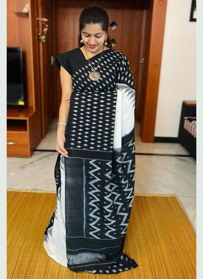 Black White Plain Linen Wedding Wear Digital Printed Saree