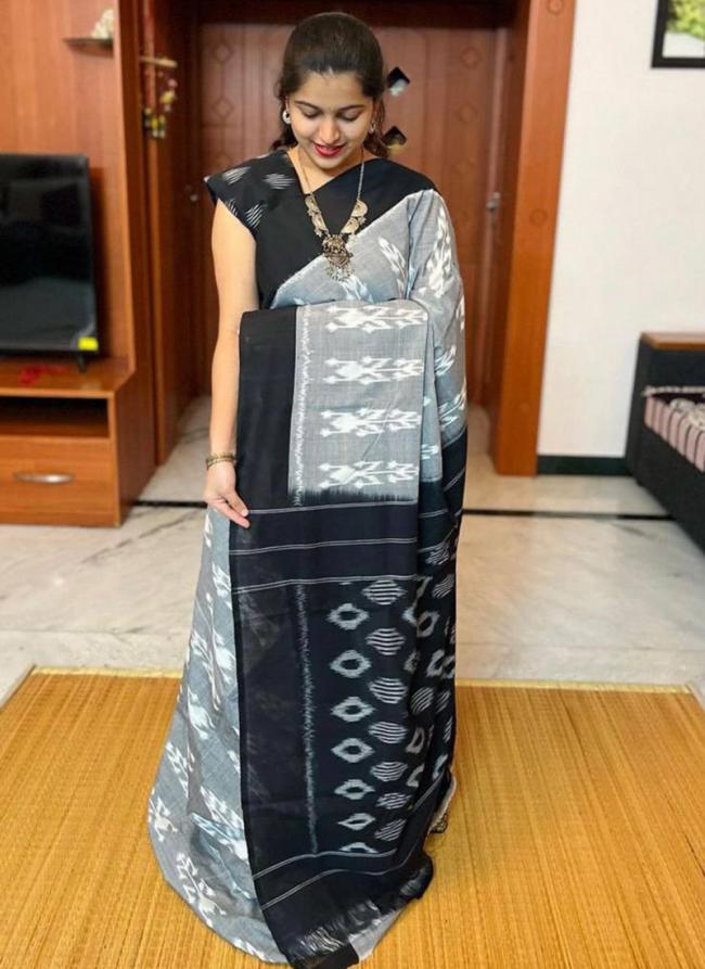 Grey Black Plain Linen Wedding Wear Digital Printed Saree