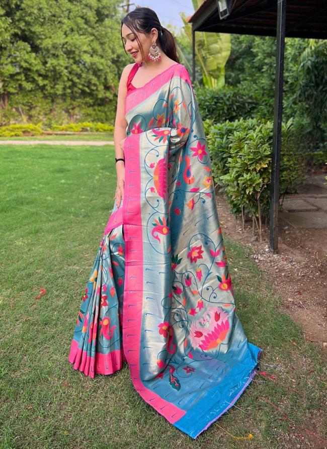 Teal Sky Pathani Party Wear ZarI Work Saree