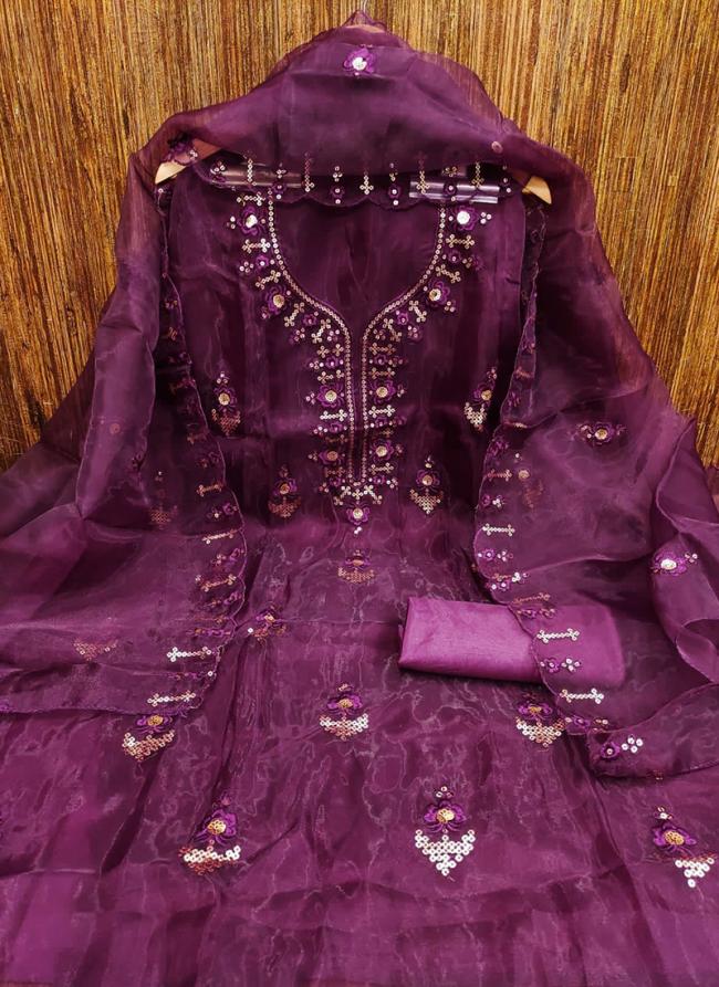 purple Organza Silk Wedding Wear Sequins Work Dress Material