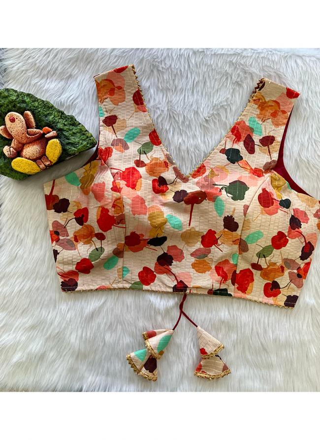 Peach Mono Bnaglori Crochet Wedding Wear Digital Printed Blouse