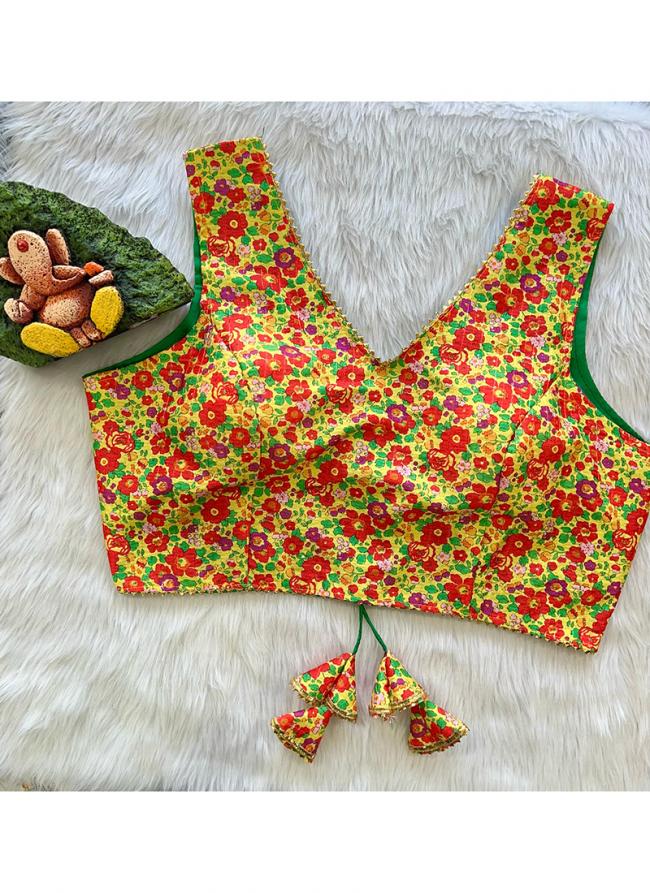 Yellow Mono Bnaglori Crochet Wedding Wear Digital Printed Blouse