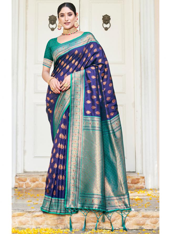 Blue Banarasi Silk Wedding Wear Embroidery Work Saree