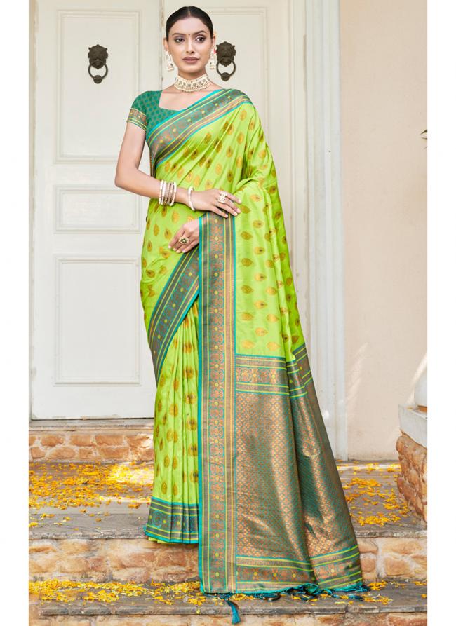 Neon green Banarasi Silk Wedding Wear Embroidery Work Saree