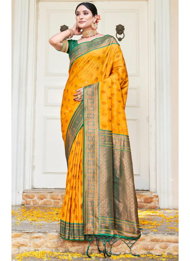 Yellow Banarasi Silk Wedding Wear Embroidery Work Saree