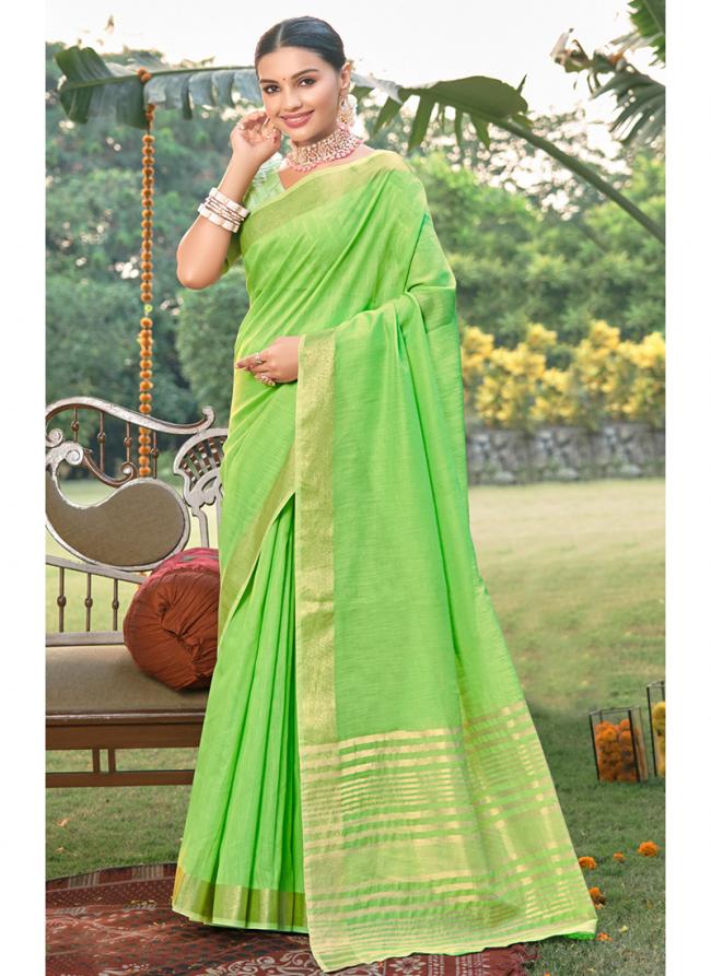 Green Cotton Festival Wear Lace Work Saree