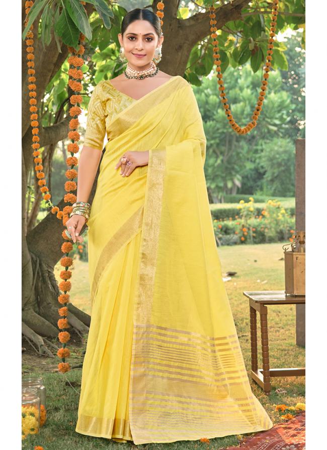 Yellow Cotton Festival Wear Lace Work Saree