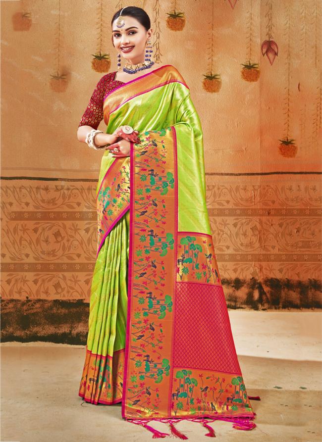 Bright Green Paithani Silk Wedding Wear Digital Printed Saree
