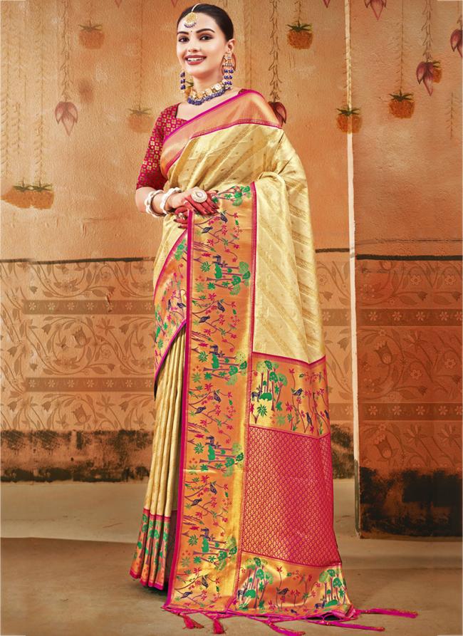 Light yellow Paithani Silk Wedding Wear Digital Printed Saree