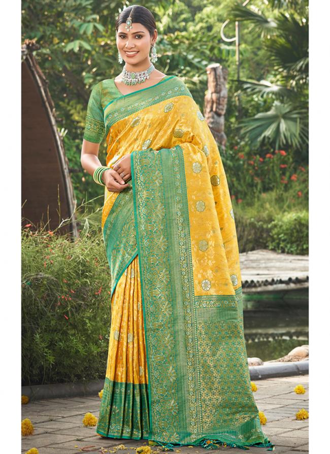 Yellow Banarasi Silk Party Wear Digital Printed Saree