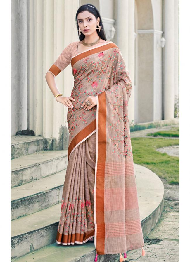 Brown Linen Festival Wear Digital Printed Saree