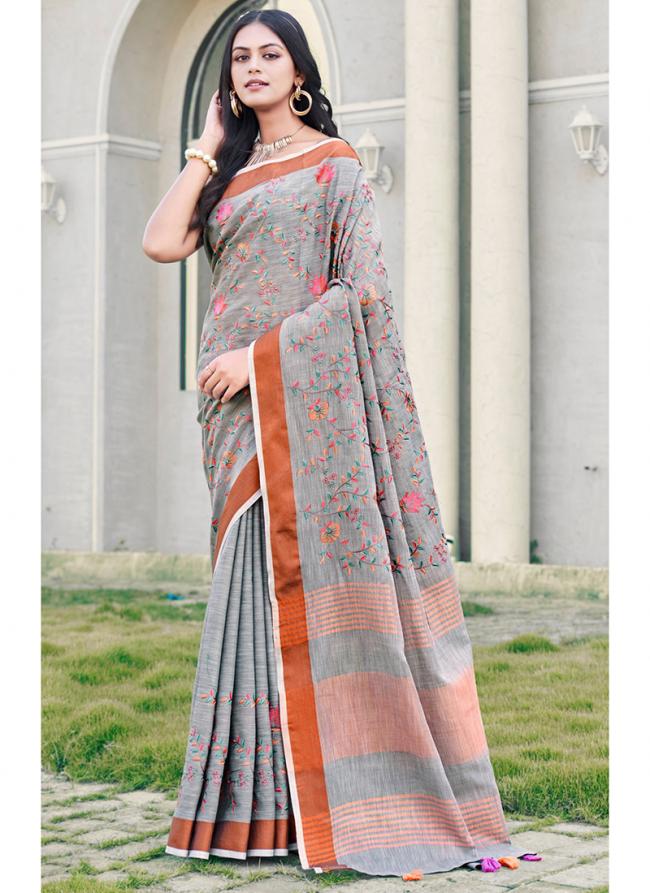 Grey Linen Festival Wear Digital Printed Saree