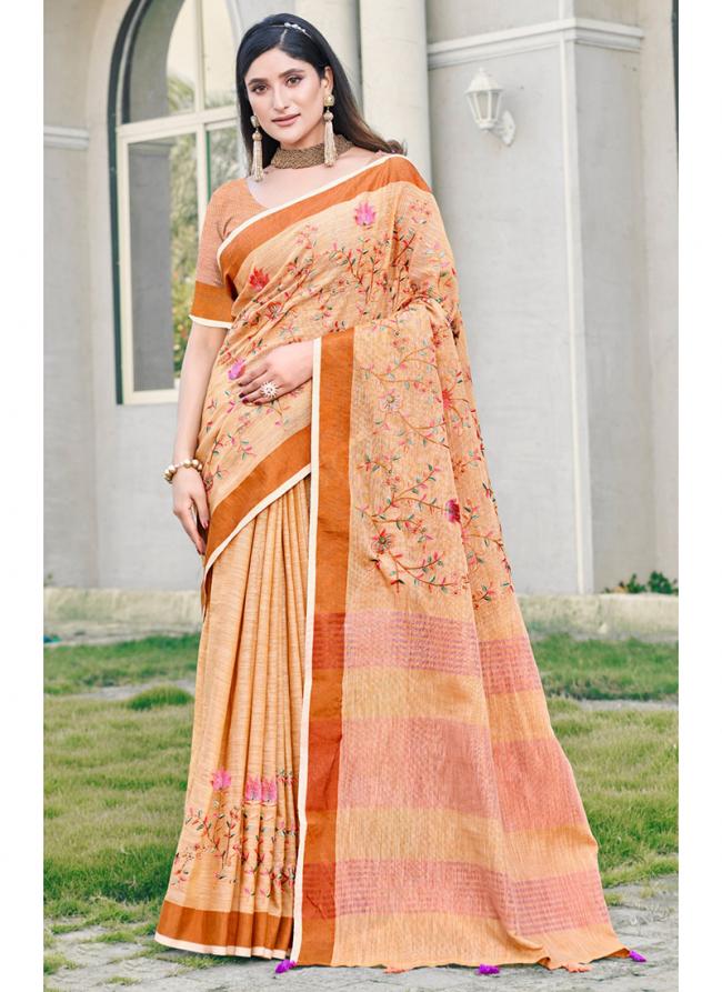 Orange Linen Festival Wear Digital Printed Saree