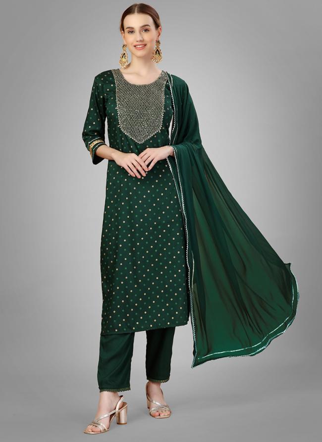 Green Silk Blend Party Wear Sequins Work Readymade Straight Suit