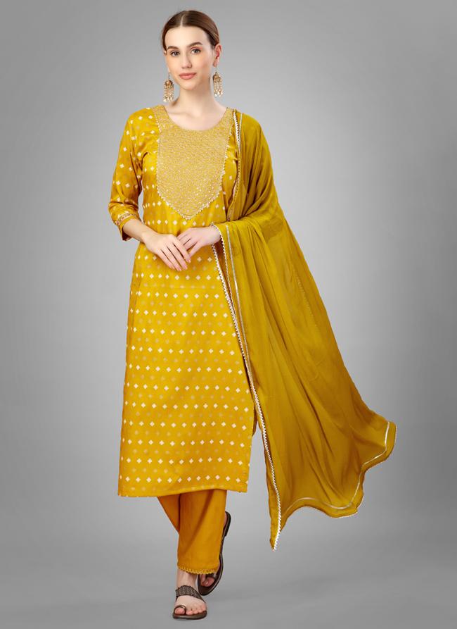 yellow Silk Blend Party Wear Sequins Work Readymade Straight Suit