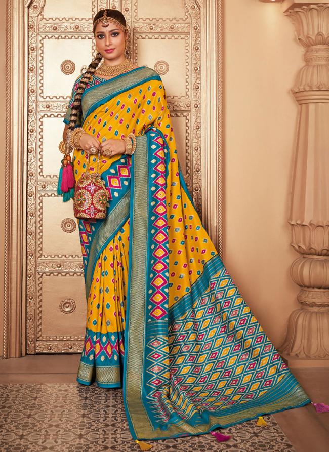 Yellow Dola Silk Wedding Wear Digital Printed Saree