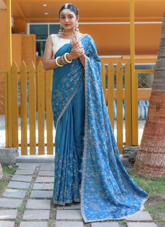 Blue Soft Silk Festival Wear Handwork Saree